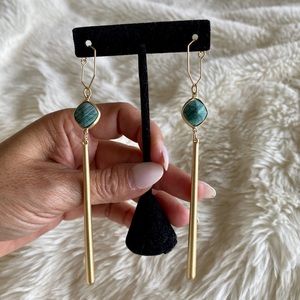 Long green stone and gold drop earrings